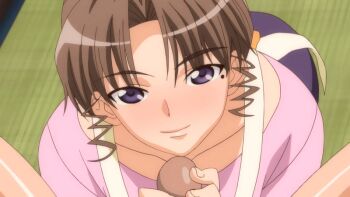 10s 1boy 1girl 2011 age_difference all_fours animated animated_gif anime_screenshot apron bent_over blush bottomless bow brown_hair handjob hetero incest long_skirt mature_female mole mole_under_eye moroboshi_kyouko moroboshi_ryuuichi mother_and_son older_female_and_younger_male penis pervert purple_eyes skirt smile sweet_home uncensored