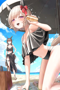 Rule 34 | 2girls, absurdres, admire vega (umamusume), alternate costume, animal ears, bare shoulders, beach, beach mat, beach umbrella, bikini, black bikini, black sarong, blue sky, blush, bow, breasts, brown bag, brown hair, cleavage, commentary request, curren chan (umamusume), day, ear bow, ear covers, ear ornament, grey hair, heart, highres, holding sunscreen, horse ears, horse girl, horse tail, large breasts, long hair, looking at viewer, low ponytail, menchi rishio, multiple girls, navel, off-shoulder bikini, off shoulder, open mouth, outdoors, ponytail, purple eyes, red bow, sarong, short hair, single ear cover, sky, smile, solo focus, standing, swimsuit, tail, thighs, umamusume, umbrella