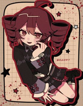 1girl :d ahoge black_boots black_shirt black_skirt blush_stickers boots commentary_request double-parted_bangs drill_hair drop_shadow full_body grid_background hair_between_eyes highres holding holding_walkie-talkie kasane_teto kasane_teto_(voicepeak) long_sleeves miniskirt okayu_(okayuyuyu2) open_mouth orange_background outline pleated_skirt red_eyes red_hair red_outline shirt short_hair sitting skirt smile socks solo star_(symbol) twin_drills voicepeak walkie-talkie white_socks