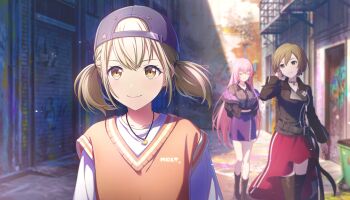 3girls azusawa_kohane backwards_hat belt black_belt black_hat black_jacket black_shirt blonde_hair break_down_the_wall_(project_sekai) brown_eyes brown_hair closed_mouth collarbone colorful_palette game_cg graffiti hat heart heart_necklace highres jacket jewelry layered_shirt light_particles long_hair looking_at_viewer megurine_luka meiko_(vocaloid) multiple_girls necklace official_art open_clothes open_jacket orange_shirt outdoors pink_hair project_sekai purple_skirt red_skirt shirt skirt smile star_(symbol) third-party_source twintails very_long_hair vivid_bad_squad_luka vivid_bad_squad_meiko vocaloid white_shirt yellow_eyes