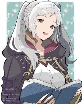 1girl :d black_robe book braid breasts commentary_request female_robin_(fire_emblem) fire_emblem fire_emblem_awakening grey_hair highres holding holding_book hooded_robe kiriya_(552260) long_hair looking_at_viewer medium_breasts nintendo open_book open_mouth robe shirt smile solo twintails white_shirt