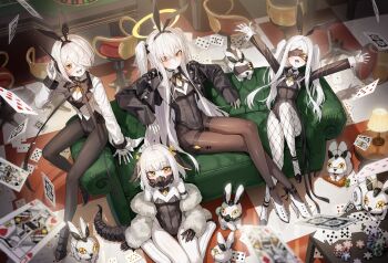 4girls absurdres animal_ear_hairband animal_ears black_hairband black_leotard black_pantyhose blue_archive covered_navel crossed_legs ein_(blue_archive) fake_animal_ears fishnet_pantyhose fishnets hairband halo highres kokukyukeo leotard malkuth_(blue_archive) multiple_girls ohr_(blue_archive) pantyhose playboy_bunny rabbit_ear_hairband rabbit_ears sitting sof_(blue_archive) thighband_pantyhose thighs wariza white_hair yellow_eyes yellow_halo
