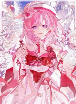 1girl beret bird breasts cake cake_slice chinese_commentary commentary_request danshi_ni_de_chang_xia diamond-shaped_pupils diamond_(shape) dove dress earrings elf elysia_(hi_love_elf)_(honkai_impact) elysia_(honkai_impact) food fork gloves hat heart heart_earrings highres holding holding_fork honkai_(series) honkai_impact_3rd jewelry large_breasts long_hair looking_at_viewer multicolored_hair pink_hair pointy_ears purple_eyes red_dress single_glove smile solo symbol-shaped_pupils two-tone_dress two-tone_hair very_long_hair white_dress white_gloves white_hair