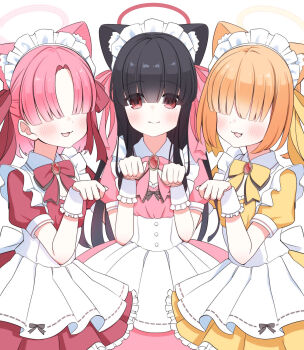 3girls absurdres alternate_costume animal_ears apron black_hair blonde_hair blue_archive blunt_bangs blush bow bowtie cat_ears chlorella_observation_club_member_(blue_archive) commentary_request cosplay covered_eyes dress enmaided frilled_apron frilled_wristband frills gem hair_over_eyes hair_ribbon halo highres justice_task_force_member_(blue_archive) justice_task_force_member_(blue_archive)_(cosplay) justice_task_force_member_(maid)_(blue_archive) kemonomimi_mode long_hair looking_at_viewer maid maid_apron maid_headdress multiple_girls official_alternate_costume paw_pose petako_(ptpt_k) pink_bow pink_bowtie pink_dress pink_hair pink_ribbon puffy_short_sleeves puffy_sleeves red_bow red_bowtie red_dress red_eyes red_ribbon ribbon shanhaijing_secondary_school_student_(blue_archive) short_hair short_sleeves simple_background smile straight_hair very_long_hair white_apron white_background yellow_bow yellow_bowtie yellow_dress yellow_ribbon