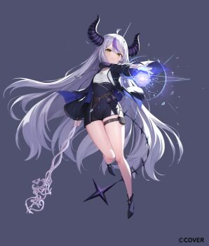 1girl ahoge alternate_costume black_boots black_horns black_jacket black_shorts boots braid braided_bangs closed_mouth collar commentary_request copyright_notice demon_horns double-parted_bangs flat_chest full_body grey_background grey_hair high-waist_shorts high_heel_boots high_heels holding holding_polearm holding_weapon hololive horns jacket la+_darknesss long_hair long_sleeves looking_at_viewer metal_collar multicolored_hair official_art outstretched_arm pointy_ears polearm pouch purple_hair shirt shirt_tucked_in short_shorts shorts simple_background slit_pupils solo streaked_hair striped_horns tail thigh_pouch tokisaka_makoto very_long_hair virtual_youtuber weapon white_shirt wide_sleeves yellow_eyes