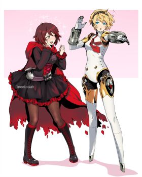 2girls aigis_(persona) artist_name black_dress black_footwear black_pantyhose blazblue blazblue:_cross_tag_battle blonde_hair blue_eyes boots cape commentary commission cross-laced_footwear crossover dress english_commentary full_body headband highres hood hooded_cape joints knee_boots looking_at_another looking_at_viewer multiple_girls neekosiah one_eye_closed open_mouth pantyhose persona persona_3 red_cape red_hair robot_girl robot_joints ruby_rose rwby second-party_source short_hair star-shaped_pupils star_(symbol) symbol-shaped_pupils