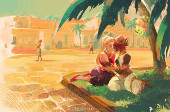arabian_clothes blonde_hair daeyumi dohna_(zelda) gerudo grass hug imminent_kiss nintendo official_alternate_costume palm_tree ponytail princess_zelda red_hair sitting the_legend_of_zelda the_legend_of_zelda:_echoes_of_wisdom tree tri_(zelda) yuri