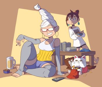 2girls absurdres ashtray ayase_momo ayase_seiko bare_shoulders barefoot beer_mug bigggbrick black_choker black_shorts blue_shorts bowl breasts can cat chewing chips_(food) choker cigarette cleavage controller crossed_bangs cup dandadan earrings eating elbow_gloves fingerless_gloves food food_in_mouth full_body glasses gloves grandmother_and_granddaughter grey_gloves grey_thighhighs grin hair_between_eyes hair_ornament hair_scrunchie highres holding holding_bowl holding_cigarette holding_spoon hoop_earrings jewelry long_hair medium_breasts medium_hair mug multiple_girls off-shoulder_sweater off_shoulder ponytail print_sweater remote_control scrunchie shirt short_ponytail shorts single_bare_shoulder sitting smile smoking spoon sweater swept_bangs teeth thighhighs toeless_legwear turbo_granny_(dandadan) underbust updo watching_television white_hair white_shirt white_sweater yellow_eyes