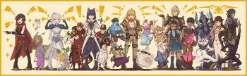 3boys 6+girls 6+others :o ahoge alternate_eye_color alternate_hair_color animal_ears armor bandana beard belt belt_pouch bird black_belt black_bodysuit black_choker black_coat black_corset black_footwear black_gloves black_hair black_hat black_shirt black_sleeves blacksmith_(rwby) blake_belladonna blake_belladonna_(atlas) blonde_hair blue_dress blue_eyes blue_footwear blue_hairband blue_headband blue_shirt blue_shrug blush bob_cut bodystocking bodysuit boots border bowler_hat braid braided_ponytail breasts brown_belt brown_eyes brown_footwear brown_jacket brown_overalls brown_pants bug butterfly cape cat_ears chicken choker cleavage closed_mouth coat commentary commentary_request corset couter covering_own_mouth cropped_jacket cropped_shirt crown cuirass curious_cat_(rwby) detached_sleeves doll dress earrings elbow_gloves english_commentary facial_hair fingerless_gloves food full_armor full_body fur-trimmed_jacket fur_trim gauntlets gem genial_gem glasses gloves greaves green_jacket grin hairband hand_up hands_up hat headband herbalist_(rwby) high_heel_boots high_heels highres holding holding_doll holding_food holding_polearm holding_sword holding_weapon injury insect jabberwalker_(rwby) jackalope jacket jaune_arc jaune_arc_(rusted_knight) jewelry jumping juniper_(rwby) knee_boots knees_together_feet_apart large_breasts little_(rwby) long_hair long_sleeves looking_at_another looking_at_viewer mechanical_arms medium_breasts medium_hair midriff mixed-language_commentary moai_(moai_world) mouse_(animal) mouse_leader_(rwby) multicolored_dress multicolored_hair multiple_belts multiple_boys multiple_girls multiple_others navel neopolitan_(atlas)_(rwby) neopolitan_(rwby) official_alternate_costume on_person one_eye_closed open_clothes open_jacket open_mouth open_overalls orange_bandana overalls pants paper_pleaser pauldrons pink_hair pleated_dress pleated_skirt pointing pointing_at_viewer pointing_up polearm pouch purple_eyes purple_pants raccoon red_cape red_dress red_eyes red_gemstone red_hat red_pawn_(rwby) red_prince_(rwby) red_robe red_skirt robe ruby_rose ruby_rose_(atlas) rust rwby shirt short_hair short_sleeves shoulder_armor shrug_(clothing) side_ponytail single_mechanical_arm skirt smile somewhat_(rwby) sparkle standing striped_clothes striped_shirt sword tailcoat teapot teeth thighhighs toy_guard_(rwby) toy_soldier_(rwby) turtleneck turtleneck_shirt two-tone_hair two-tone_shirt upper_teeth_only vambraces weapon weiss_schnee weiss_schnee_(atlas) white_belt white_coat white_dress white_footwear white_gloves white_hair white_pants white_pawn_(rwby) white_shirt wrist_belt yang_xiao_long yang_xiao_long_(atlas) yellow_background yellow_border yellow_eyes yellow_shirt