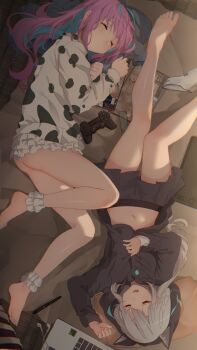 Rule 34 | 2girls, ahoge, anklet, ass, barefoot, black hoodie, blanket, closed eyes, computer, drawing tablet, dress, frilled panties, frills, hemyi, highres, hololive, hood, hoodie, jewelry, kagura gumi, kagura mea, laptop, lying, magazine (object), marcellokito!, midriff, minato aqua, multicolored hair, multiple girls, navel, on back, on floor, on side, open mouth, panties, pink hair, playstation controller, polka dot, ruler, shirt, short dress, silver hair, sleeping, streaked hair, stylus, tatami, thighs, underwear, virtual youtuber, wacom, white shirt