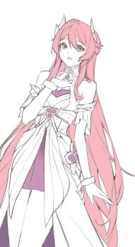 Rule 34 | 1girl, alternate breast size (smaller), arm at side, armlet, bare shoulders, breasts, character request, cleavage cutout, clothing cutout, detached sleeves, dress, dutch angle, eyelashes, genshin impact, hair ornament, hand on own chest, highres, jewelry, laurel crown, legs together, long hair, looking at viewer, naengbi1008, open hands, pink eyes, pink hair, showgirl skirt, skirt under dress, small breasts, solo, sonnet (genshin impact), spoilers, very long hair, white background, wrist cuffs