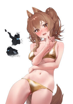 1girl 1other absurdres alternate_costume ambiguous_gender angelina_(arknights) animal_ears arknights arm_around_waist bikini breasts brown_hair commentary cowboy_shot detached_wings doctor_(arknights) dot_nose embarrassed english_commentary fox_ears fox_girl fox_tail from_below giving_up_the_ghost gold_bikini halo highres hood hood_up hooded_coat looking_at_viewer medium_breasts medium_hair mkrk_mikaerukung navel pink_nails simple_background solo_focus strap_lift swimsuit tail thighs twitter_username undersized_breast_cup underwear underwear_only white_background wings