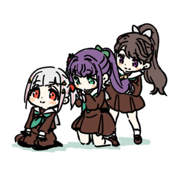 3girls aqua_neckerchief black_pantyhose blush blush_stickers bow brown_dress brown_hair brown_shoes closed_mouth commentary_request dress fujishima_megumi green_bow green_eyes grey_bow grey_hair hair_bow hairdressing hasu_no_daisankaku hasu_no_sora_school_uniform kneeling link!_like!_love_live! loafers long_hair long_sleeves love_live! medium_dress multicolored_hair multiple_girls neckerchief otomune_kozue pantyhose pleated_dress ponytail purple_eyes purple_hair red_bow red_eyes red_streaks sailor_collar sailor_dress school_uniform seiza shinanoya_(satanicad) shoes short_ponytail sitting smile socks split_mouth standing streaked_hair virtual_youtuber white_sailor_collar white_socks winter_uniform yugiri_tsuzuri