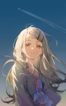1girl absurdres aircraft airplane blonde_hair blue_sky blurry camisole coat colored_eyelashes commentary contrail earrings flipped_hair floating_hair from_side gakuen_idolmaster gradient_hair gradient_sky grey_hair hair_ornament hairclip highres idolmaster jewelry kitk_qun long_sleeves looking_at_viewer midriff_peek multicolored_hair open_clothes open_coat open_mouth orange_eyes orange_sky outdoors parallel_hairclips parted_bangs red_ribbon ribbon shinosawa_hiro sky solo stud_earrings upper_body white_camisole white_coat