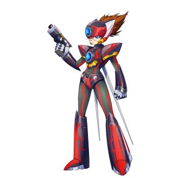 1boy absurdres alternate_color alternate_costume armor armored_boots axl_(mega_man) body_armor bodysuit boots brown_hair codpiece covered_navel elbow_gloves forehead_jewel frown full_body gauntlets gloves green_eyes gun helmet highres holding holding_gun holding_weapon kiauwrenn knee_armor knee_boots mechanical_ears mechanical_wings mega_man_(series) mega_man_x8 mega_man_x_(series) mega_man_zero_(series) non-web_source ponytail redesign scar scar_on_face shoulder_armor transparent_background weapon wings