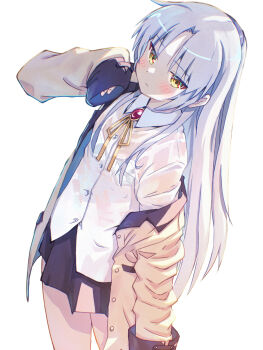 1girl akayama_yukihe angel_beats! backlighting black_skirt blush bra_visible_through_clothes breasts buttons closed_mouth collared_shirt commentary cowboy_shot dress_shirt dutch_angle eyes_visible_through_hair film_grain frown hair_between_eyes highres jacket jacket_partially_removed long_hair looking_at_viewer miniskirt neck_ribbon open_clothes open_jacket parted_bangs pleated_skirt ribbon school_uniform see-through_clothes see-through_shirt shirt simple_background skirt sleeves_past_wrists small_breasts solo straight_hair tachibana_kanade tsurime very_long_hair wavy_mouth white_background white_hair white_shirt yellow_eyes yellow_jacket yellow_ribbon