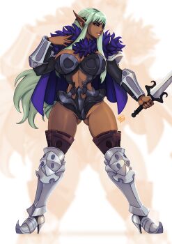 1girl absurdres arm_guards armor bikini_armor blue_cape breastplate breasts cape cleavage commentary commission dark-skinned_female dark_elf dark_skin elf english_commentary full_body fur_trim greaves green_hair high_heels highres holding holding_sword holding_weapon large_breasts long_hair long_sidelocks navel pointy_ears purple_eyes railanor_(unicorn_overlord) revealing_clothes sabaton sidelocks signature simple_background solo sword tachi-e thighs tovio_rogers unicorn_overlord weapon white_background