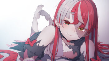 1girl absurdres alternate_hair_length alternate_hairstyle aobara_hairi barefoot breasts colored_skin diamond-shaped_pupils diamond_(shape) dress earrings fang feet_up grey_hair grey_skin heterochromia highres hololive hololive_indonesia jewelry kureiji_ollie kureiji_ollie_(1st_costume) light_blush looking_at_viewer lying mismatched_pupils multicolored_hair on_stomach patchwork_skin red_eyes red_hair single_earring skin_fang small_breasts smile solo stitched_face stitches streaked_hair symbol-shaped_pupils the_pose torn_clothes two-tone_hair virtual_youtuber x-shaped_pupils yellow_eyes zombie