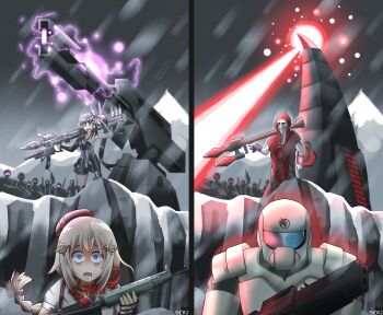 2boys 2girls architect_(girls&#039;_frontline) assault_rifle beret brotherhood_of_nod cannon command_&amp;_conquer command_&amp;_conquer:_tiberian_sun fn_fnc fnc_(girls&#039;_frontline) girls&#039;_frontline global_defense_initiative gun hat helmet highres jupiter_cannon laser multiple_boys multiple_girls obelisk_of_light ptsd rifle rocket_launcher sangvis_ferri serjatronic snow soldier surprised tower v weapon wide-eyed