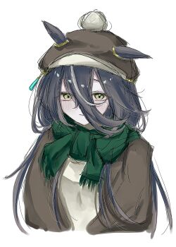 absurdres black_hair blush brown_hat brown_jacket commentary cropped_torso ears_through_headwear green_eyes green_scarf hair_between_eyes hair_ornament hat highres jacket light_smile long_hair manhattan_cafe_(umamusume) ooneyou scarf sketch sweater symbol-only_commentary umamusume white_background white_sweater
