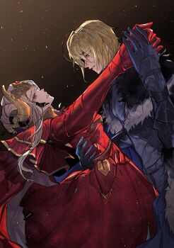 Rule 34 | 1boy, 1girl, arm behind back, armor, artist request, blonde hair, blue cape, blue eyes, blush, breasts, brown background, cape, clenched teeth, commentary, commission, couple, crying, crying with eyes open, dancing, dimitri alexandre blaiddyd, dimitri alexandre blaiddyd (timeskip), double bun, dress, edelgard von hresvelg, edelgard von hresvelg (timeskip), english commentary, eyepatch, fake horns, fire emblem, fire emblem: three houses, formal clothes, from side, fur-trimmed cape, fur trim, gradient background, hair bun, hair up, headpiece, hetero, highres, holding, holding hands, horns, long sleeves, looking down, looking up, medium breasts, messy hair, nintendo, parted lips, purple eyes, red dress, second-party source, shade, standing, suit, tears, teeth, upper body