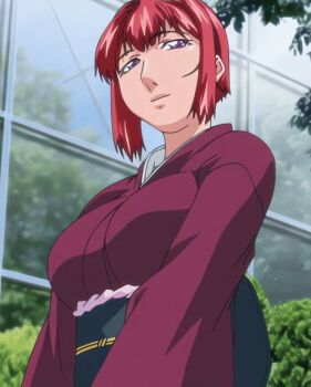 00s 1girl 2007 animated animated_gif anime_screenshot bible_black bible_black_new_testament breasts green_house japanese_clothes kimono large_breasts long_sleeves mature_female purple_eyes red_hair shin_bible_black short_hair smile tagme takashiro_hiroko tree yukata