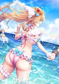 1boy 1girl androgynous ass bare_shoulders bikini blonde_hair blush breasts crossdressing crossdressing_(mtf) curvy day dimples_of_venus flower from_behind hair_flower hair_ornament highres huge_ass innertube long_hair looking_ahead natsusora_aona natsusora_wakana novady open_mouth original shiny_skin swim_ring swimsuit trap very_long_hair water wedgie wet wide_hips