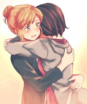 2girls blue_eyes brown_hair commentary_request hachiko_(hati12) hair_bun hug kate_marsh life_is_strange_(series) life_is_strange_1 max_caulfield multiple_girls open_mouth short_hair single_hair_bun yuri