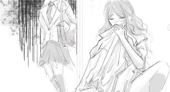 Rule 34 | 2girls, bang dream!, bang dream! it's mygo!!!!!, blush, chihaya anon, chinese commentary, commentary request, funame111, greyscale, haneoka school uniform, highres, implied masturbation, implied yuri, jacket, monochrome, multiple girls, nagasaki soyo, school uniform, sidelocks, smelling, smelling clothes