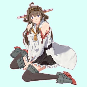 1girl ahoge black_skirt boots breasts brown_hair clothing_cutout double_bun frilled_skirt frills hair_bun hairband headgear highres japanese_clothes kantai_collection kongou_(kancolle) kongou_kai_ni_(kancolle) kuroinu1997 long_hair looking_at_viewer medium_breasts nontraditional_miko purple_eyes ribbon-trimmed_sleeves ribbon_trim shoulder_cutout sitting skirt smile solo thigh_boots very_long_hair wariza wide_sleeves