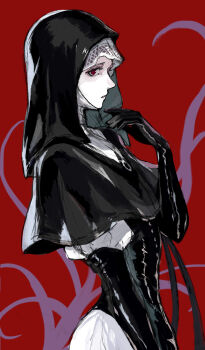 1girl absurdres apron arm_at_side black_apron black_capelet black_corset black_gloves black_hood capelet coif commentary_request corset dress elbow_gloves elden_ring elden_ring_nightreign from_side gloves hand_up highres kashimaori looking_at_viewer nun parted_lips red_background ringed_eyes solo tentacles undertaker_(elden_ring) white_dress