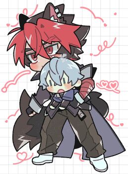 2boys animal_ear_fluff animal_ear_piercing animal_ears bandaged_arm bandages black_coat black_gloves black_hair black_pants blue_jacket blush_stickers carrying carrying_person coat commentary_request crossed_bangs ear_piercing earrings fingerless_gloves gloves gogogalar grey_hair grid_background hair_between_eyes heart highres jacket jewelry komano_manato layered_sleeves long_sleeves male_focus multicolored_hair multiple_boys open_mouth pants piercing red_eyes red_hair shoes short_hair short_over_long_sleeves short_sleeves standing tail watermark white_shoes wise_(zenless_zone_zero) zenless_zone_zero