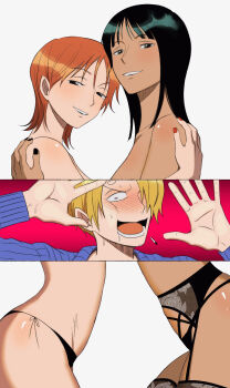 1boy 2girls black_hair blonde_hair blue_shirt blush dark-skinned_female dark_skin embarrassed facial_hair goatee hair_over_one_eye highres lingerie multiple_girls mustache_stubble nami_(one_piece) nico_robin one_piece orange_hair p5naq_pv sanji_(one_piece) shirt stubble underwear