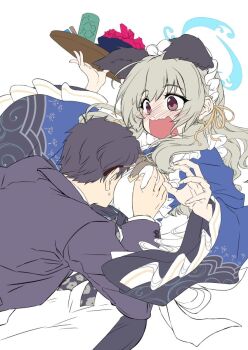 1boy 1girl :d ;d ^_^ animal_ears apron arm_up between_breasts black_hair black_kimono black_suit blue_archive blue_halo blue_kimono blush bowl breasts brown_eyes chibi closed_eyes collared_shirt commentary_request cup dog_ears dog_girl falling floppy_ears formal_clothes frilled_apron frilled_kimono frilled_sleeves frills glasses grabbing_another&#039;s_breast green_hair groping hair_between_eyes hair_intakes hair_ribbon halo head_between_breasts holding holding_tray japanese_clothes kimono long_hair long_sleeves looking_at_another looking_at_viewer maid maid_apron maid_headdress multicolored_kimono one_eye_closed open_mouth ribbon sensei_(blue_archive) shirt short_hair simple_background smile solo suit surprised sweatdrop takana_shinno tray umika_(blue_archive) upper_body wa_maid wavy_mouth white_apron white_background white_shirt wide_sleeves yellow_ribbon yunomi