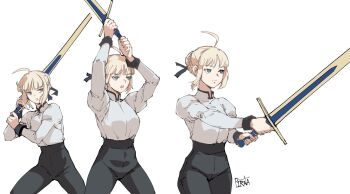 1girl :o ahoge arms_up artist_name artoria_pendragon_(fate) blonde_hair braid braided_bun breasts closed_mouth collared_shirt commentary_request excalibur_(fate/stay_night) fate/stay_night fate_(series) green_eyes hair_bun highres holding holding_sword holding_weapon korean_commentary multiple_views pants pirata_(gailtonatiu) saber_(fate) shirt sword weapon white_shirt