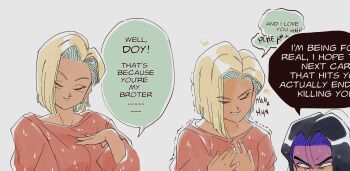 1boy 1girl android android_18 black_hair blonde_hair bowl cal_monssi closed_eyes colored_speech_bubble dragon_ball dragonball_z earrings furrowed_brow gold_earrings hand_on_own_chest hand_up hands_up highres hoop_earrings jewelry laughing looking_at_another loose_hair_strand out_of_frame patterned_clothing pointing pointing_at_self red_sweater shaking short_hair siblings side_part son_goku speech_bubble sweat sweater talking threat white_background