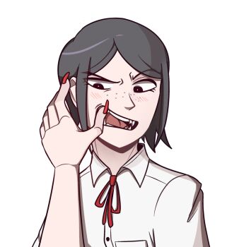 2girls annoyed black_eyes black_hair blush bow danganronpa:_trigger_happy_havoc danganronpa_(series) enoshima_junko eyebrows eyelashes fang fangs female_focus fingernails freckles hands_on_another&#039;s_face highres ikusaba_mukuro incest long_fingernails multiple_girls nail_polish open_mouth parted_bangs pov pov_hands red_bow red_nails red_ribbon ribbon sharp_teeth shirt siblings simple_background sisters teeth thumb_in_mouth tongue twincest twins white_background white_shirt yuri