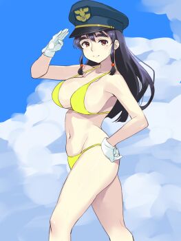 1girl bikini black_hair breasts brown_eyes cloud cloudy_sky commentary_request coveredcore day gloves hair_ornament halterneck hand_on_own_hip hat highres large_breasts long_hair looking_at_viewer mao_mao_(sonic_wings) mole mole_under_eye navel peaked_cap salute sidelocks sky smile sonic_wings standing string_bikini swimsuit thick_eyebrows white_gloves yellow_bikini