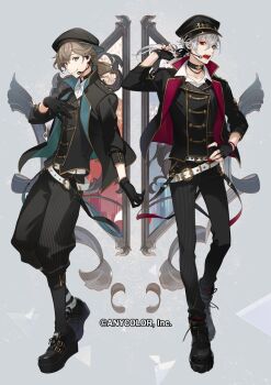 2boys ankle_boots aqua_jacket arm_at_side backwards_hat belt black_boots black_choker black_gloves black_hat black_jacket black_pants black_ribbon black_shoes black_socks black_vest boots brown_hair buttons capri_pants choker closed_mouth collarbone collared_shirt copyright_notice cross cross_choker double-breasted double-parted_bangs ear_piercing earrings fingerless_gloves fingernails full_body gloves grey_background grey_eyes hair_between_eyes hair_ribbon hand_on_own_chest hand_on_own_hip hand_up hat headset iwamoto_zerogo jacket jewelry kanae_(7th_costume)_(nijisanji) kanae_(nijisanji) kuzuha_(3rd_costume)_(nijisanji) kuzuha_(nijisanji) lace-up_boots long_hair long_sleeves looking_at_viewer low_ponytail male_focus matching_outfits medium_hair mole mole_under_eye multiple_belts multiple_boys nijisanji official_alternate_costume official_art open_clothes open_jacket open_mouth pants peaked_cap piercing pinstripe_pants pinstripe_pattern platform_shoes pointy_ears ponytail red_eyes red_jacket red_nails ribbon sharp_fingernails shirt shoes side-by-side sideways_glance smile socks standing two-sided_fabric two-sided_jacket vest virtual_youtuber white_belt white_hair white_shirt wing_collar