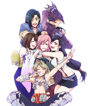 3boys 3girls arm_around_shoulder arm_up armor armored_boots arms_around_neck bare_shoulders belt black_hair black_pants black_skirt blue_eyes blue_hakama blue_jacket blush boots breasts brown_hair cain_highwind closed_eyes closed_mouth commentary_request covered_eyes crop_top dissidia_012_final_fantasy dissidia_final_fantasy earrings facing_viewer feet_out_of_frame final_fantasy final_fantasy_iv final_fantasy_vii final_fantasy_viii final_fantasy_x final_fantasy_xii final_fantasy_xiii friends grin hair_behind_ear hair_ornament hakama hand_on_another&#039;s_head helmet hug indian_style jacket japanese_clothes jewelry laguna_loire large_breasts light_brown_hair lightning_farron long_hair looking_at_viewer low-tied_long_hair midriff miniskirt multiple_boys multiple_girls navel necklace nonosaki nontraditional_miko one_eye_closed open_mouth pants pink_hair purple_armor purple_helmet red_eyes sash short_hair single_earring sitting skirt smile swept_bangs tank_top tifa_lockhart v vaan_(ff12) vest white_background white_tank_top wide_sleeves yuna_(ff10)