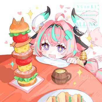 +_+ 1girl ahoge animal_ears aqua_hair bell bell_earrings blush commentary_request cow_ears cow_girl cow_horns cup dot_nose drooling earrings food food_awe genshin_impact hair_ornament hairband highres horns jewelry long_hair looking_at_food mouth_drool mug multicolored_hair pink_hair pink_tail purple_eyes signature solo streaked_hair table tail varesa_(genshin_impact) watermark white_background white_horns x_hair_ornament yutukicom