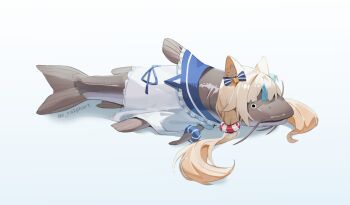 animal animal_ears animal_focus animalization blonde_hair blue_bow blue_streaks bow cat_ears catfish dress ear_bow fish highres indie_virtual_youtuber lifebuoy_hair_ornament low_twintails ralph_alejandro sailor_dress sameko_saba simple_background twintails virtual_youtuber white_background white_dress