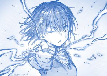 Rule 34 | 1girl, coin, collared shirt, commentary request, crossed bangs, dress shirt, electricity, electrokinesis, floating hair, flower, hair between eyes, hair flower, hair ornament, holding, holding coin, isshi pyuma, medium hair, misaka mikoto, monochrome, one eye closed, railgun (misaka mikoto), school uniform, shirt, short sleeves, sketch, solo, summer uniform, sweater vest, toaru kagaku no railgun, toaru majutsu no index, tokiwadai school uniform, twitter username, upper body
