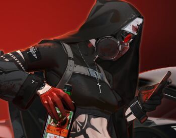 1girl asymmetrical_gloves black_gloves black_jacket black_shirt breasts cross cross_necklace detached_sleeves from_side gas_mask gloves gradient_background holding holding_phone holy_water jacket jagermeister jewelry long_sleeves looking_at_phone mask midriff necklace nilzynox nun_headdress phone red-tinted_eyewear red_background red_gloves shirt small_breasts solo stomach_tattoo tattoo tinted_eyewear upper_body