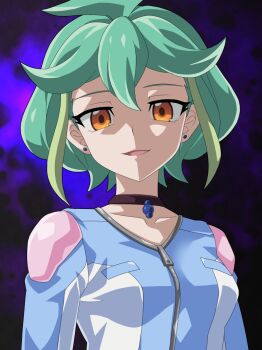 Rule 34 | 1girl, biker clothes, bikesuit, bodysuit, choker, collarbone, commentary request, ear piercing, evil smile, green hair, kura (xxcracy), long sleeves, looking at viewer, multicolored hair, open mouth, orange eyes, piercing, purple background, rin (yu-gi-oh!), short hair, smile, solo, streaked hair, two-tone hair, upper body, yu-gi-oh!, yu-gi-oh! arc-v