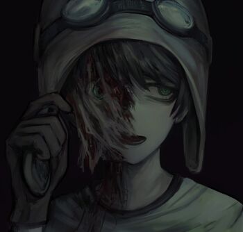 1boy aviator_cap aviator_goggles blood bloodshot_eyes brown_hair dark_background eyeball eyebrows_hidden_by_hair flayed_skin flesh gloves green_eyes guro highres injury looking_to_the_side male_focus open_mouth original solo tsurami96