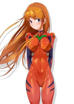 1girl artist_request blue_eyes blush bodysuit breasts brown_hair curvy embarrassed floating_hair hair_down long_hair looking_at_viewer mecha_pilot_suit narrow_waist neon_genesis_evangelion plugsuit_(evangelion) shiny_clothes simple_background skin_tight solo souryuu_asuka_langley standing tsundere very_long_hair white_background wide_hips