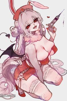 animal_ears bat_wings bikini black_sclera breasts carrot_(one_piece) cleavage colored_sclera commentary demon_tail demon_wings english_commentary eyepatch_bikini furry furry_female grey_background grey_hair hat highres holding holding_syringe klopsiak large_breasts long_hair looking_at_viewer nurse_cap one_piece open_mouth pink_hat rabbit_ears rabbit_girl red_bikini red_eyes simple_background squatting sulong_form swimsuit syringe tail thighhighs very_long_hair white_thighhighs wings