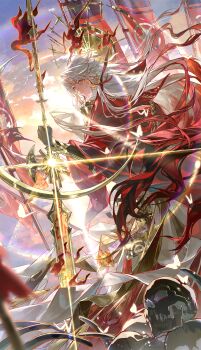 Rule 34 | 1boy, absurdres, armor, blurry, blurry foreground, bug, butterfly, character request, closed mouth, copyright request, day, facial mark, fengjian yuzhi, flag, floating hair, fur trim, halo, halo behind head, highres, holding, holding weapon, insect, lens flare, long hair, long sleeves, looking at viewer, looking back, male focus, multicolored hair, outdoors, parted bangs, red eyes, shoulder armor, skull, solo, standing, sunlight, two-tone hair, very long hair, weapon, white butterfly, yellow halo