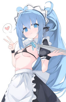 Rule 34 | 1girl, absurdres, apron, bikini, blue eyes, blue hair, breasts, chinese commentary, commentary request, gu meng yin, heart, highres, long hair, maid, maid headdress, original, simple background, solo, speech bubble, spoken heart, swimsuit, white background